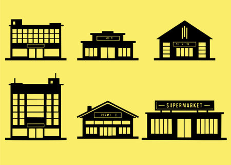 Set of different buildings silhouettes over yellow background. Vector illustration.のイラスト素材