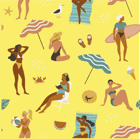 Seamless pattern with women in swimsuits on the beach.のイラスト素材