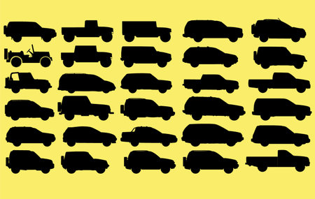 Set of silhouettes of cars on a yellow background. Vector illustrationのイラスト素材