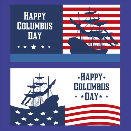 Happy Columbus Day. Set of banners with a silhouette of a sailing ship, stars and stripes. Vector illustration.のイラスト素材