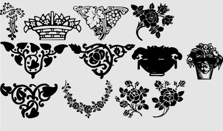 Vector set of floral elements in retro style. Black and white.のイラスト素材