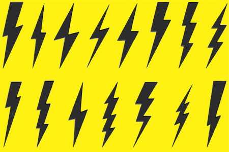 Set of black lightning bolt icons on yellow background. Vector illustration.