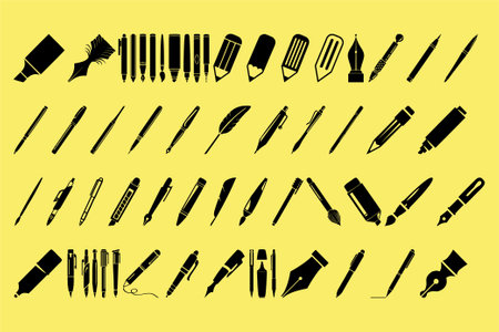 Pencils and pens on a yellow background. Vector illustration.のイラスト素材
