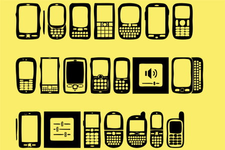 illustration of a set of black mobile phones on a yellow backgroundのイラスト素材