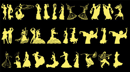 Flamenco dance silhouettes on black background. Vector illustration.のイラスト素材