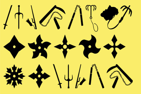 Set of black silhouettes of medieval weapons on a yellow background.のイラスト素材