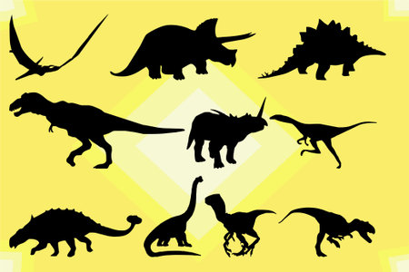 dinosaur silhouettes in a flat style on a yellow background.のイラスト素材