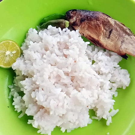 Thai style food, boiled rice with mackerel and limeの写真素材