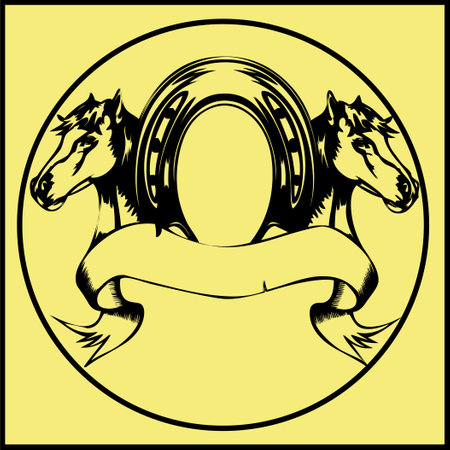 Horse head with a horseshoe and a banner for textのイラスト素材
