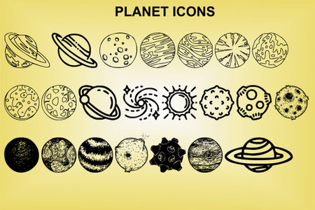 Planets icons set on yellow background. Hand drawn vector illustration.のイラスト素材