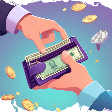 Vector illustration of a hand holding a wallet full of money and coinsのイラスト素材