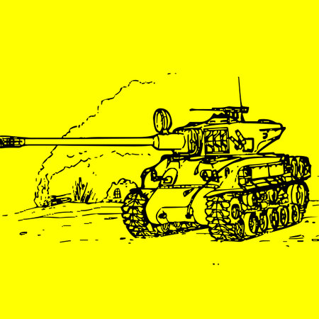 Tank sketch on a yellow background. Vector illustration of a tank.のイラスト素材
