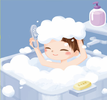 Cute boy taking a bath with foam and soap. Vector illustration.のイラスト素材