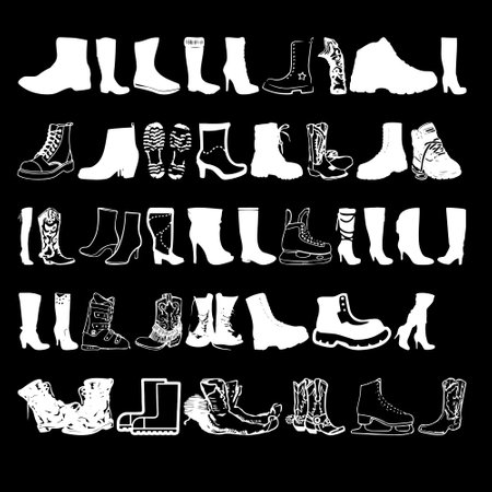 Set of silhouettes of boots on a black background. Vector illustrationのイラスト素材