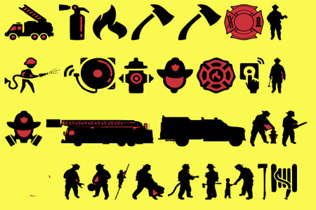 Firefighter Silhouettes on Yellow Background. Vector Illustration.のイラスト素材