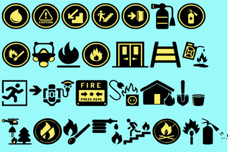 Fire safety icons set. Vector illustration. Black on blue background.のイラスト素材