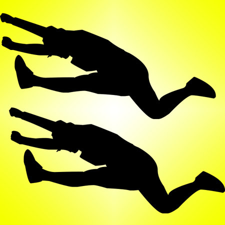 Vector silhouette of a woman who plays volleyball on a yellow background.のイラスト素材