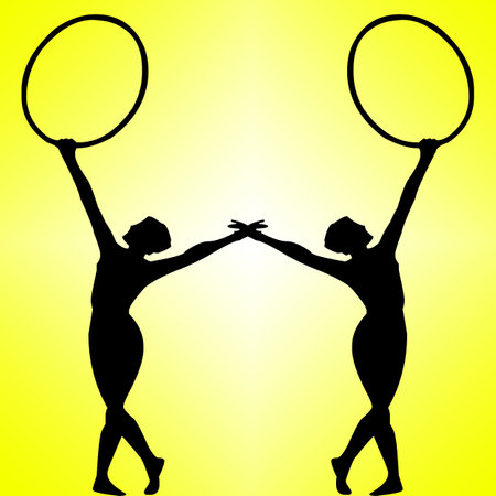 Silhouette of gymnasts with a hoop on a yellow backgroundのイラスト素材