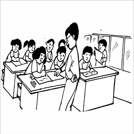 Teacher and students in classroom. Black and white vector illustration.のイラスト素材