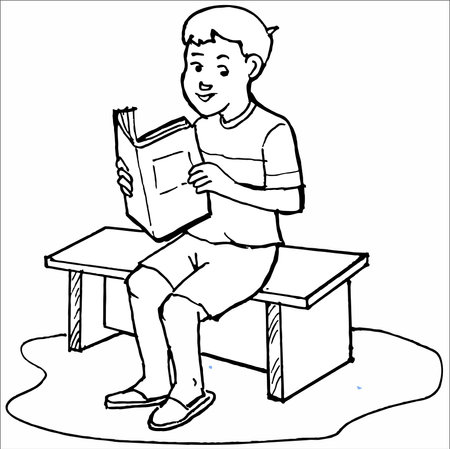 Illustration of a boy reading a book sitting on a school deskのイラスト素材