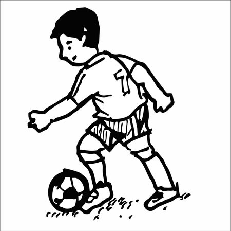 Illustration of a boy kicking a soccer ball on a white backgroundのイラスト素材