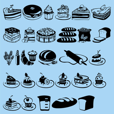 vector illustration of a set of food and pastry icons on a blue backgroundのイラスト素材