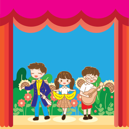 Cute cartoon kids playing the musical instruments in the park. Vector illustration.のイラスト素材
