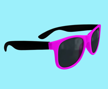 Pink sunglasses isolated on blue background. 3D rendering. Front view.の写真素材