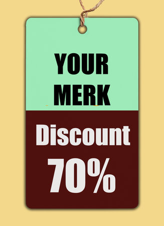 A hanging price tag or label with the text Discount 70%