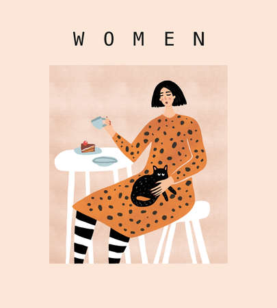 Women Themed Modern Illustration Lady Enjoying Her Coffee and Cake Minimalist Styleの写真素材