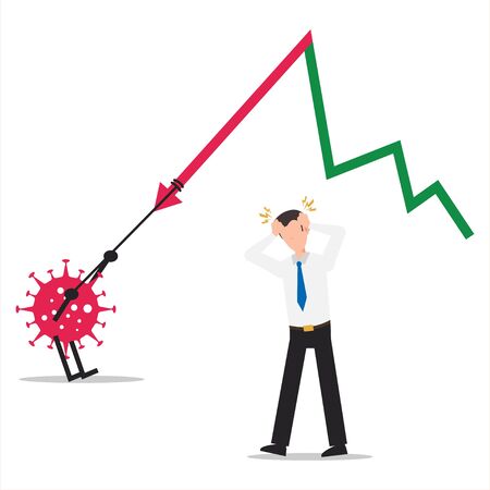 Concept of COVID-19 corona virus impact to businessman. Investor lost all their assets concept. Financial crisis help policy. Businessman leader getting bar graph falling in economic collapse.のイラスト素材