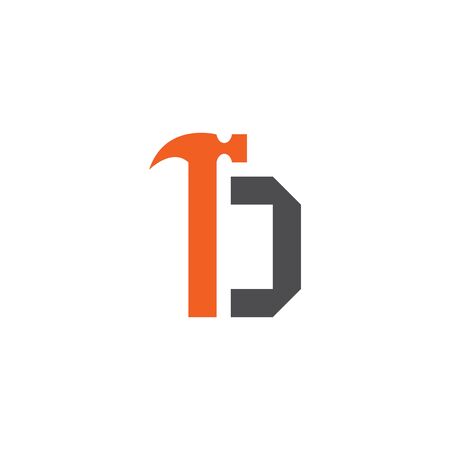 Letter D with with hammer renovation, building services, repair, construction logo design template. Orange and Grey color icon. Isolated on white background. Vector illustration in eps 10.のイラスト素材