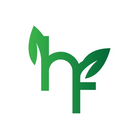 Creative initial green letter HF with leaf logo. Vector design template elements for corporate identitiy, business company, eco application, posters, or card. Abstract leaves isolated on white.のイラスト素材