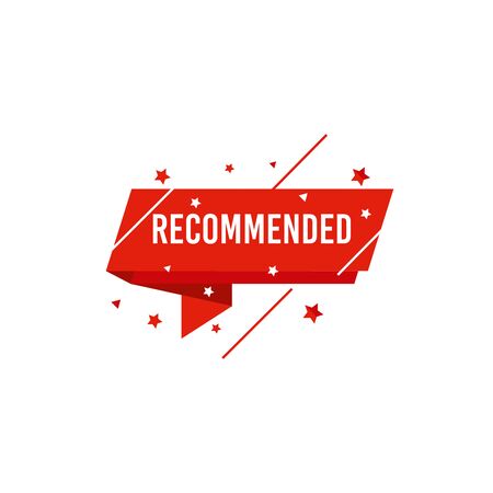 Recommended icon and label with a star illustration. Editable sign brand with origami flat style in red color. Best tag for great and high quality product. Icon and label isolated on whiteのイラスト素材