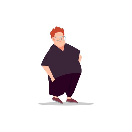 Cartoon character illustration of fat young man with glasses. Flat avatar icon design isolated on white backgroundのイラスト素材