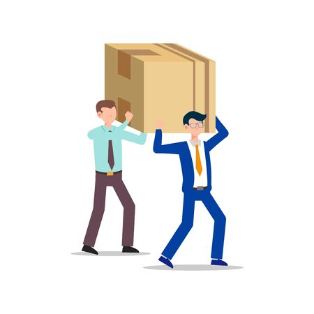 Cartoon character illustration of two business young man walking carry the big box together. Flat design isolated on white background.のイラスト素材