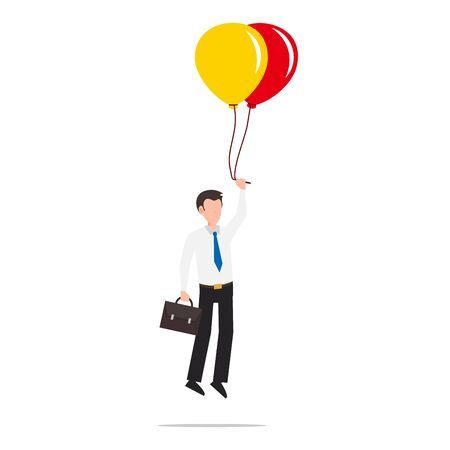 Cartoon character illustration of successful young business man flying on colorful balloons. Flat design isolated on white. Can be used for websites, web design, mobile app.のイラスト素材