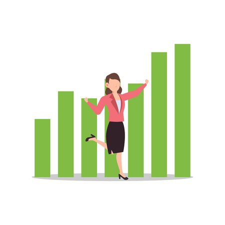 Cartoon character illustration of successful young business woman with success graph in green color. Flat design isolated on white background. Can be used for websites, web design, mobile app.のイラスト素材