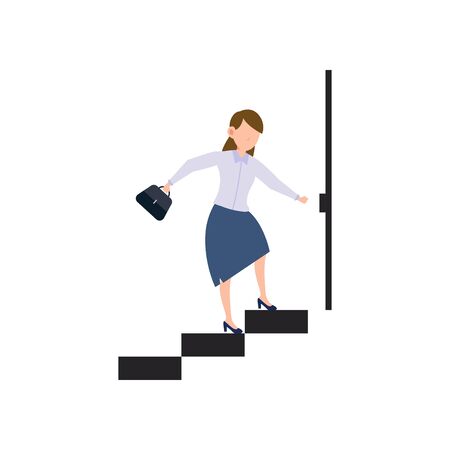 Cartoon character illustration of successful young business woman moving up the steps to the goal. Flat design isolated on white background. Can be used for websites, web design, mobile app.のイラスト素材