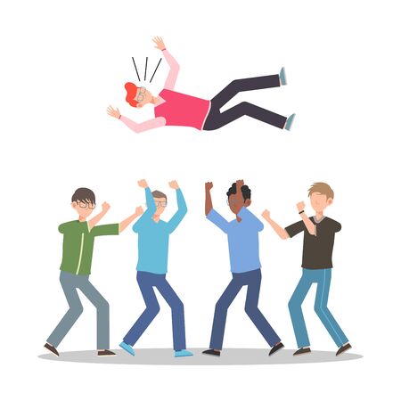 Cartoon character illustration of celebration pose and gesture. Happy group of young man are throwing person in the air. Flat design isolated on white for websites, mobile app.のイラスト素材