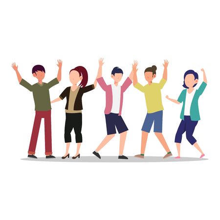 Cartoon character illustration of celebration pose and gesture. Happy group of young people are dancing together. Flat design isolated on white for websites, mobile app.のイラスト素材