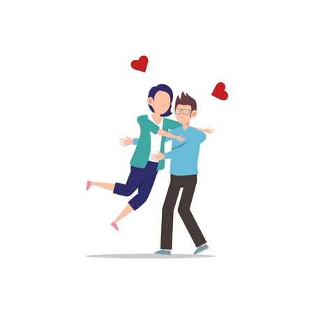Cartoon character illustration of happy couple and lover. Girlfriend jumping into boyfriend to hug him. Flat design isolated on white background. Can be used for websites, web design, mobile app.のイラスト素材