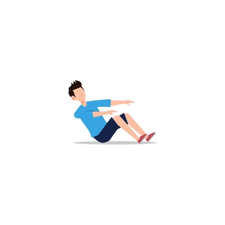 Cartoon character illustration of people healthy living relaxing wellness lifestyle. Flat design of young man sitting and stretching arms to feet isolated on white background.のイラスト素材