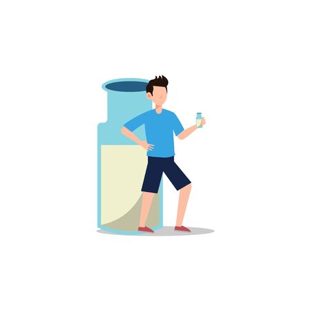 Cartoon character illustration of people healthy living relaxing wellness lifestyle. Flat design of young man drinking milk isolated on white background.のイラスト素材