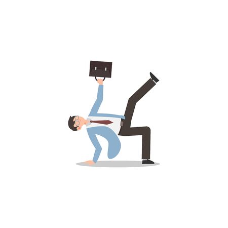 Cartoon character illustration of employee worker staff office doing break dance alone. Flat design isolated on white background. Can be used for websites, web design, mobile app.のイラスト素材