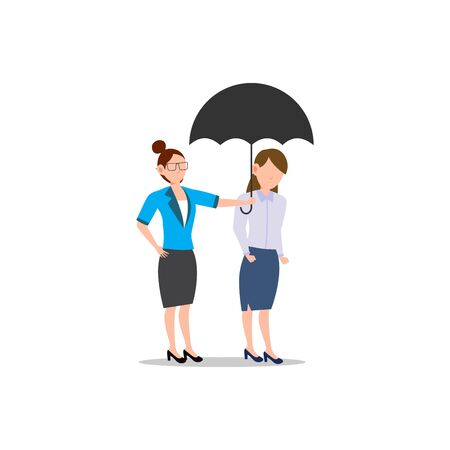 Cartoon character illustration of business friend helping each other. Business woman giving umbrella. Flat design concept isolated on white background.のイラスト素材