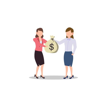 Cartoon character illustration of business friend helping each other. Business woman giving cash in bag to other business woman who failed. Flat design concept isolated on white background.のイラスト素材