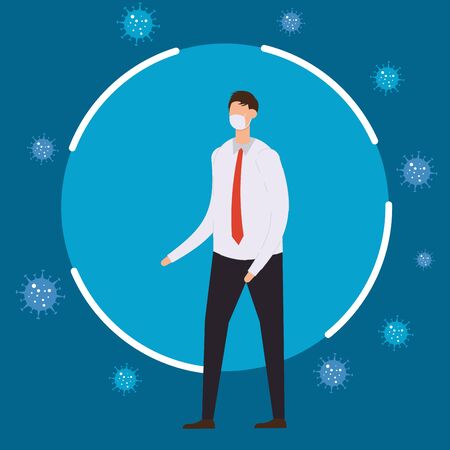 Young man wearing protective medical mask to against covid-19. Concept of corona virus, health care and medical concept. Cartoon character illustration in flat style.のイラスト素材