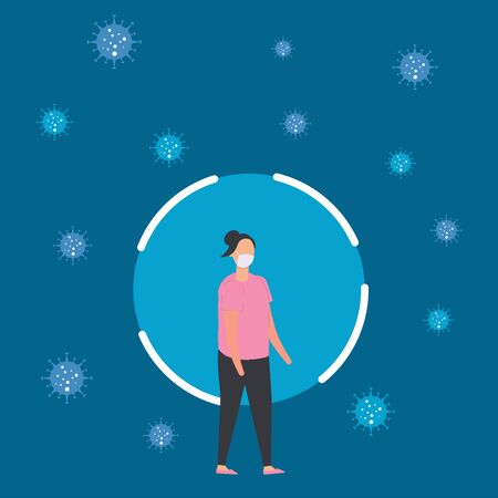 Young Girl wearing protective medical mask to against covid-19. Concept of corona virus, health care and medical concept. Cartoon character illustration in flat style.のイラスト素材