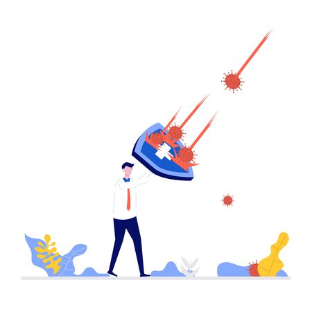 Covid-19 coronavirus outbreak financial crisis-business survive concept. Businessman leader stand safe by cover himself with big shield from covid-19 virus pathogen. Flat style illustration.のイラスト素材